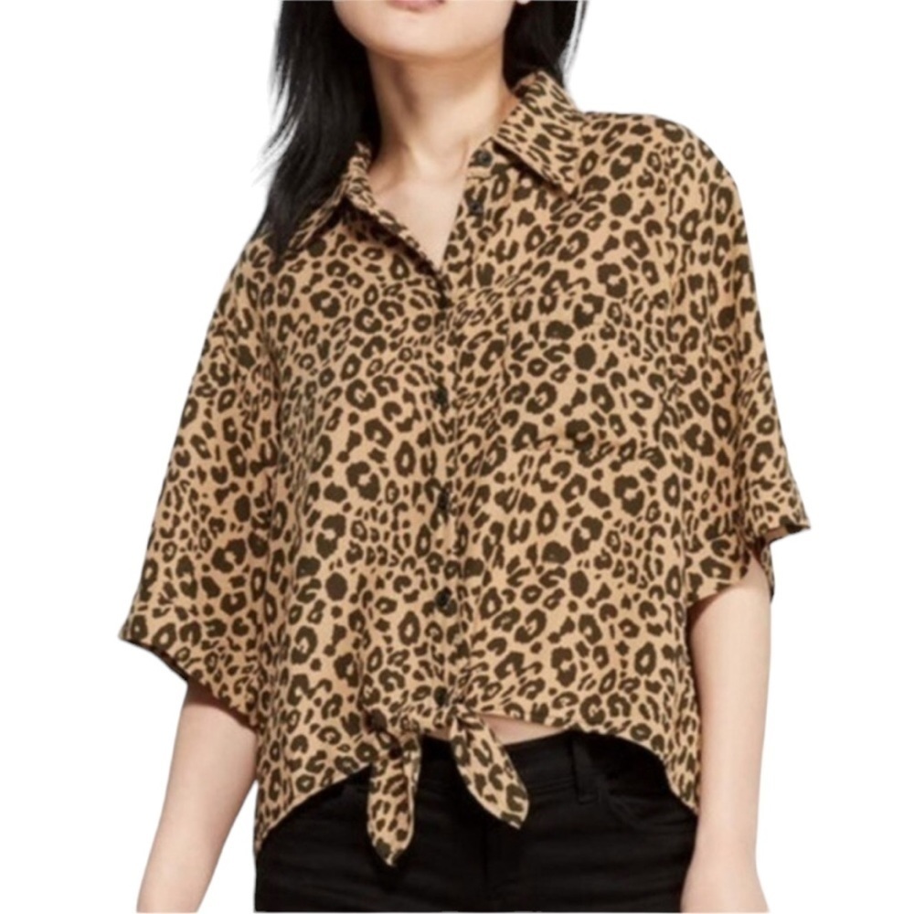 SANCTUARY Blouse drop shoulder tie waist animal print short sleeves Size XL NWT